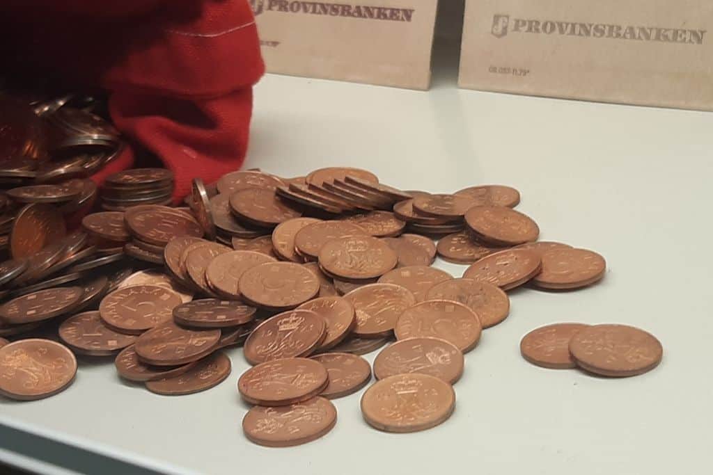A pile of old Danish coins in The Bank and Savings Museum in Copenhagen.